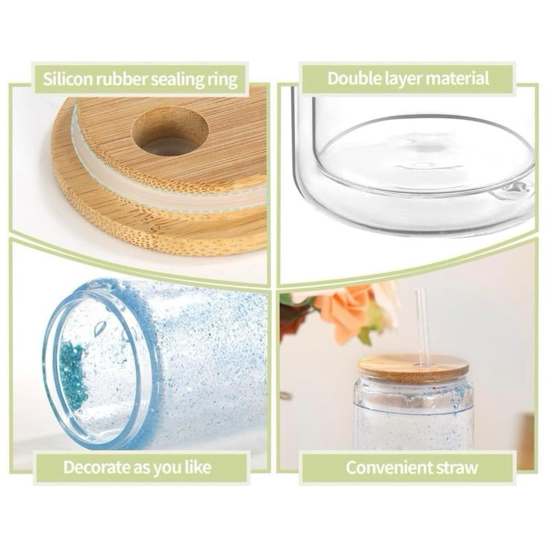 Clear Glass Cup with Wooden Lid and Straw for Versatile Use